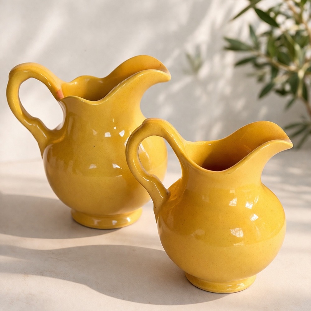 Vintage Frankoma Yellow Creamer Pitcher Set of 2 Mid Century Farmhouse Decor